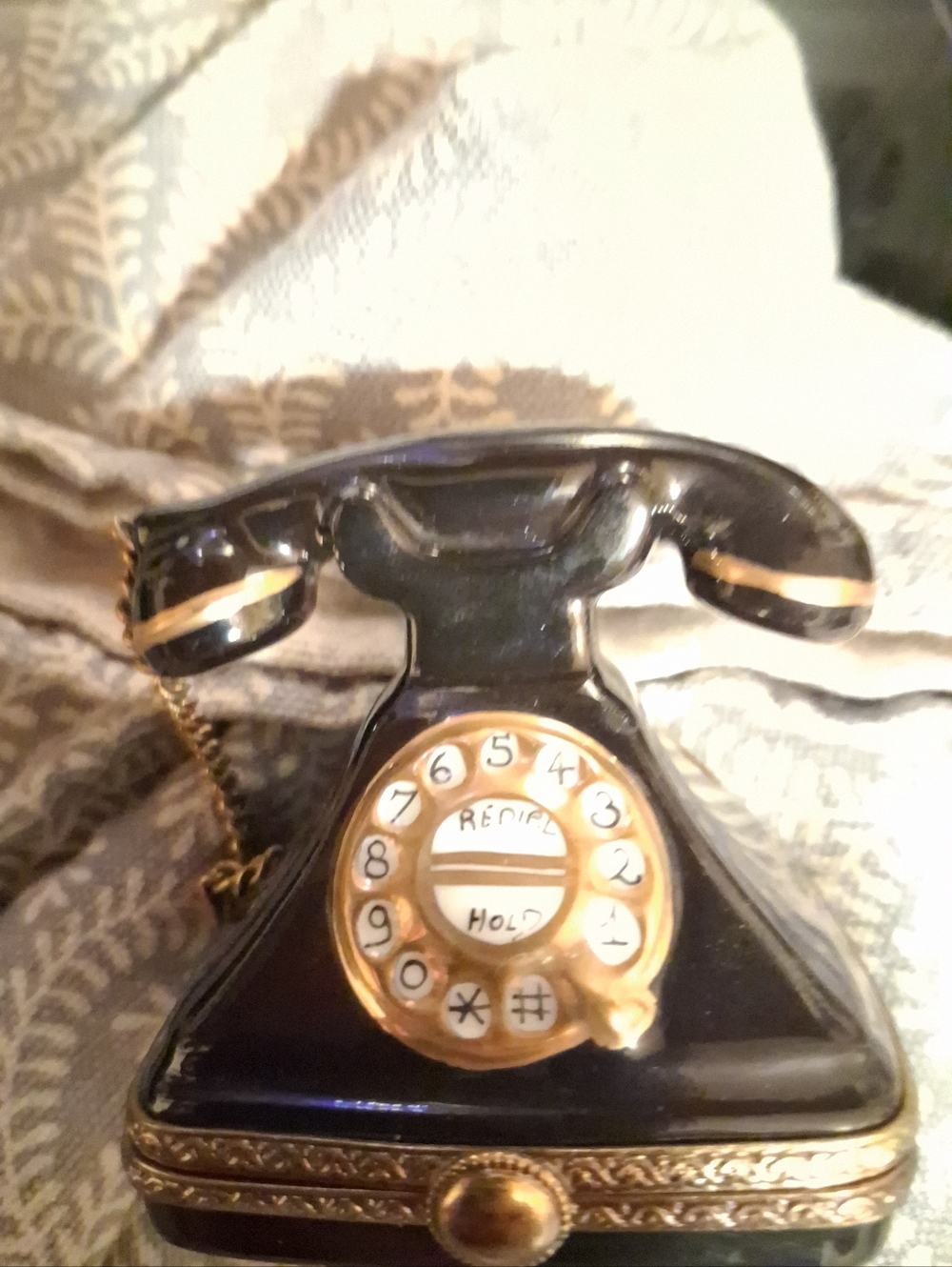 Vintage Limoges Black & Gold Rotary Desk Phone Trinket Box